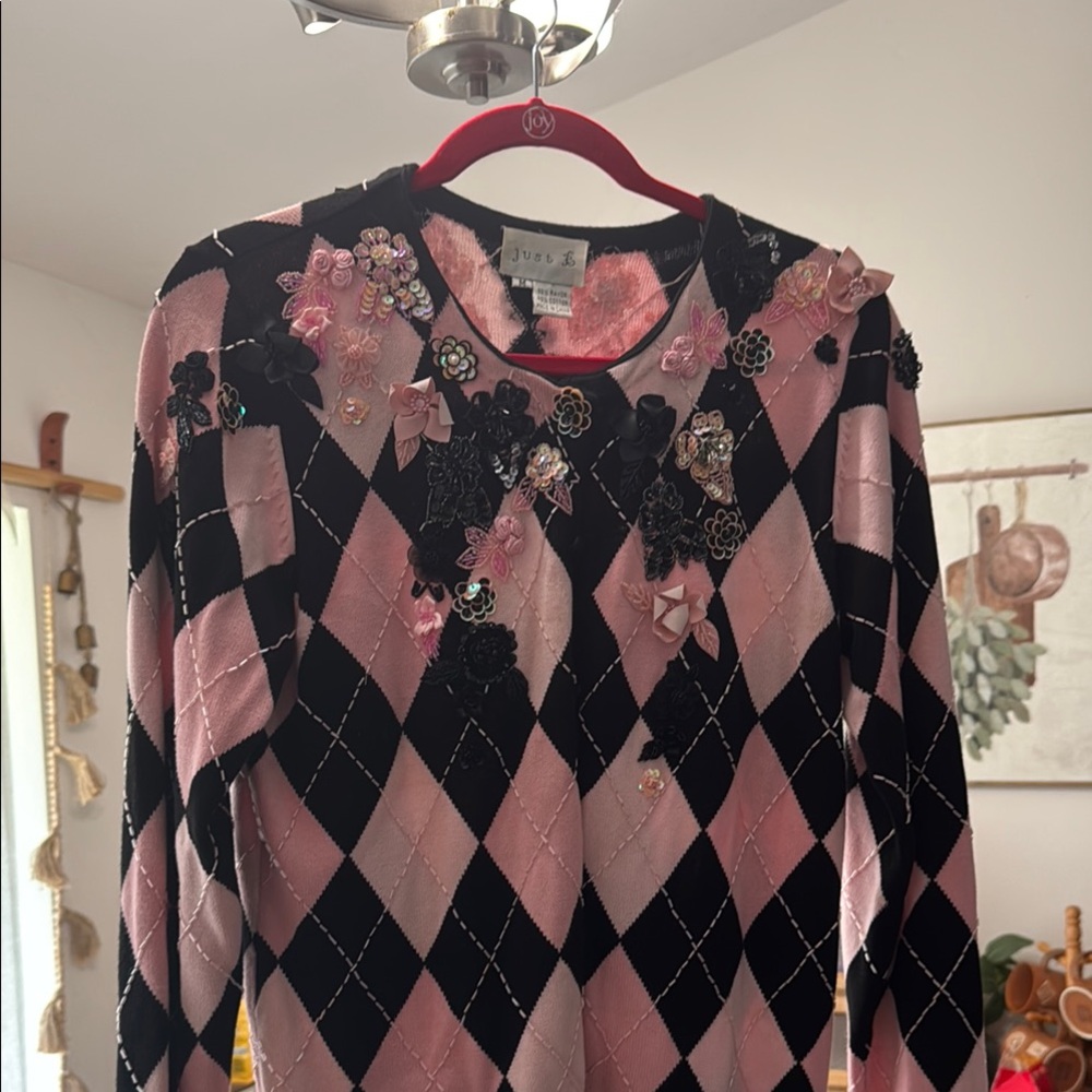 Just Be Pink and Black Argyle Knit Topbeautiful